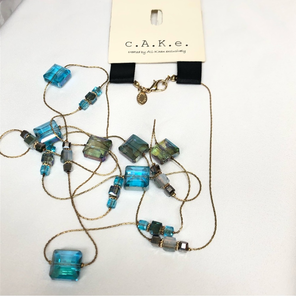 NWT Cake Long Gold Chain Necklace with Blue and Green Beads